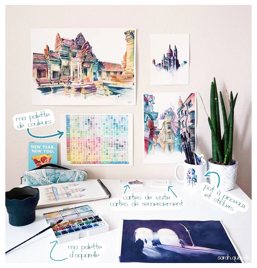 Atelier bureau de SarahQuarelle, illustratrice