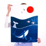 Poster décoratif baleines, inspiration japonaise