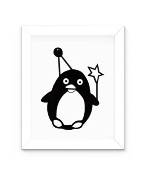 Illustration pingouin noir et blanc, affiche chambre enfant minimaliste