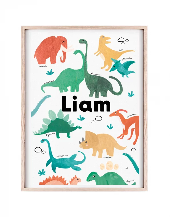 Pour un anniversaire ou une chambre d'enfant d'un fan de dinosaures. Voici cette affiche unique au nom de l'enfant