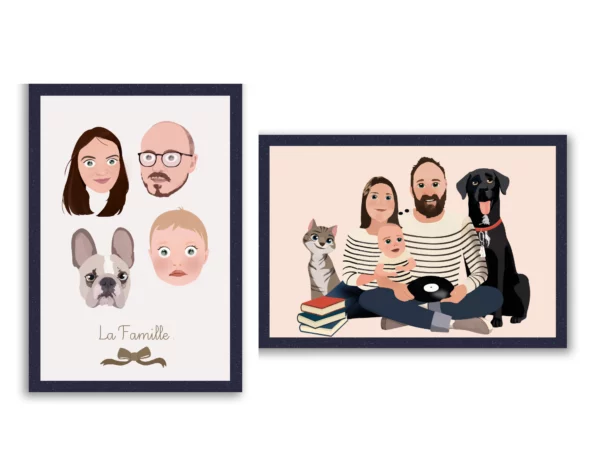Portraits de famille illustré réalisés par Emile Mathiaux / babybird