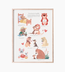 Une affiche avec des illustrations d'animaux mignons et un message positif sur la gentillesse.