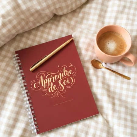 Livre d'introspection 'Apprendre de soi' avec une couverture douce. Vue de l'intérieur montrant une mise en page soignée avec des questions ouvertes et des espaces d'écriture pour l'exploration personnelle