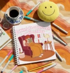 Cahier de coloriage à spirales ouvert sur une page de dessin détaillé représentant une scène de jardinage apaisante. Ambiance relaxante pour soulager le stress et l'anxiété