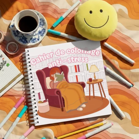 Cahier de coloriage à spirales ouvert sur une page de dessin détaillé représentant une scène de jardinage apaisante. Ambiance relaxante pour soulager le stress et l'anxiété