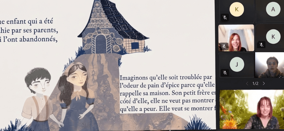 Capture d'un atelier d'écriture Babybird en visio : un support illustré à l'écran et les participantes en vignettes